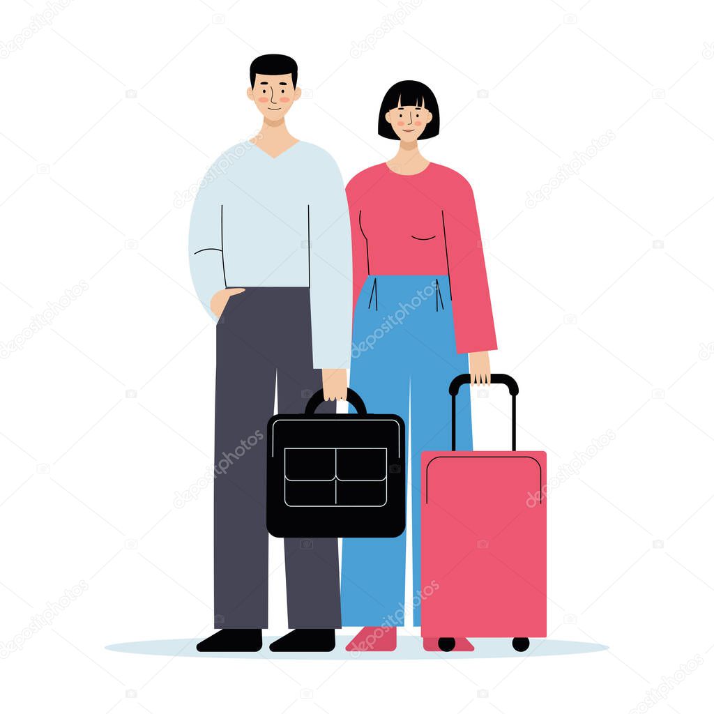 Traveling couple of young people. Man and woman with luggage in the airport . Vector illustration in flat style