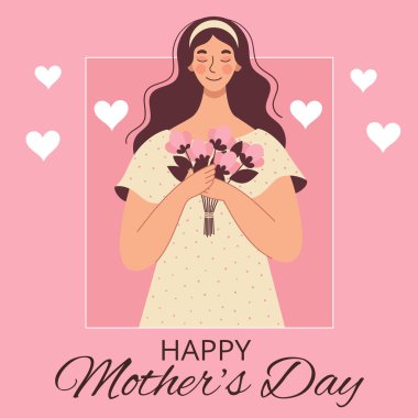 Anneler günü, doğum günü ya da uluslararası kadınlar günü için tebrik kartı. Çiçekli kadın. Düz vektör illüstrasyonu