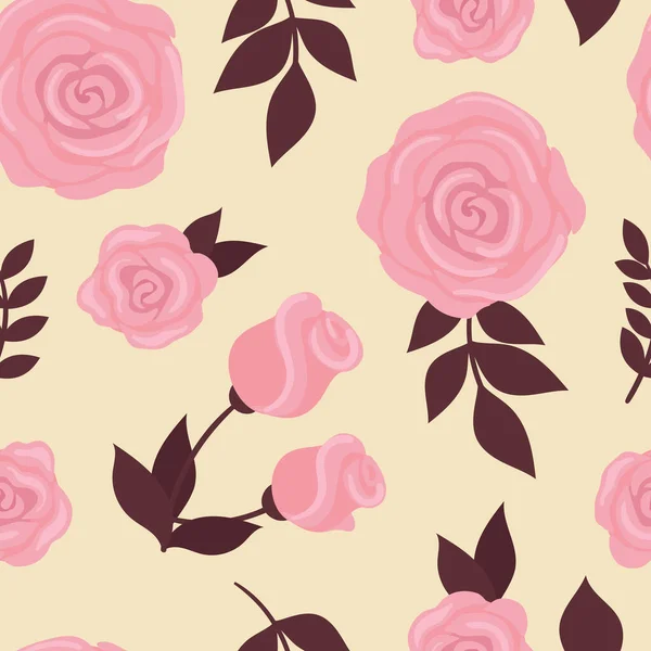 Lindo patrón sin costuras con rosas rosadas y brotes. Hermosas flores de primavera, diseño de embalaje, decoración de la boda. Ilustración plana sobre fondo blanco — Vector de stock