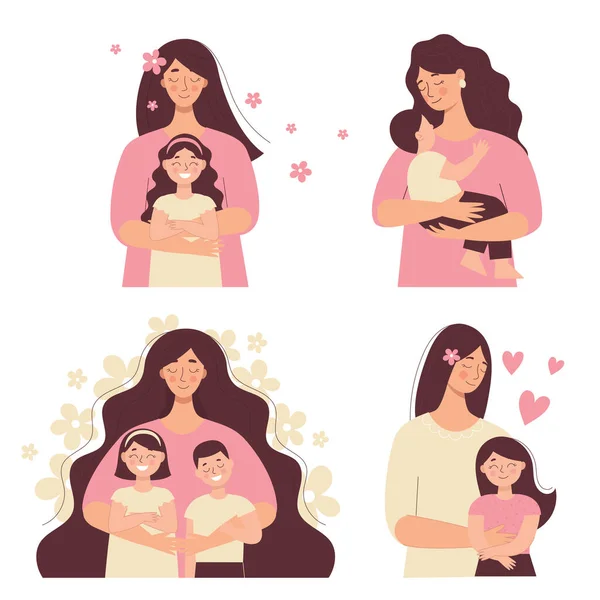 Hermosa Mujer Sostiene Bebé Sus Brazos Mamá Abraza Sus Hijos — Vector de stock