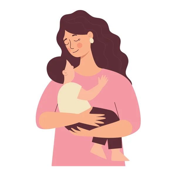 Hermosa Mujer Sostiene Bebé Sus Manos Mamá Abraza Sus Hijos — Vector de stock