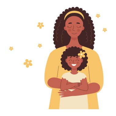 Güzel Afrikalı siyahi kadın kucağında bir bebek tutuyor, anne çocuklarına sarılıyor. Anneler günü, kadınlar günü. Düz vektör çizimi beyaz arkaplanda izole edildi.