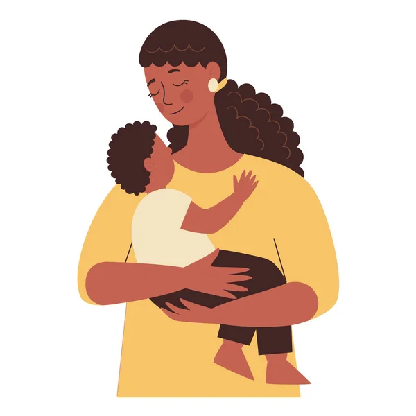 Vacker afrikansk svart kvinna håller ett barn i sina armar, mamma kramar sina barn. Mödradagen, kvinnodagen. Platt vektor illustration isolerad på vit bakgrund. — Stock vektor