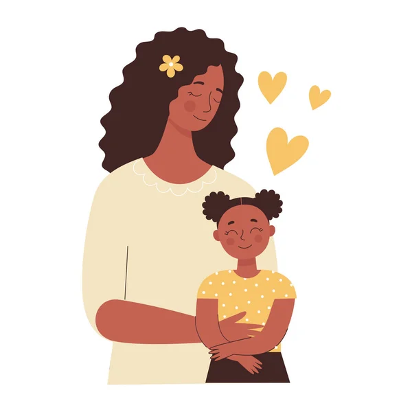 Vacker afrikansk svart kvinna håller ett barn i sina armar, mamma kramar sina barn. Mödradagen, kvinnodagen. Platt vektor illustration isolerad på vit bakgrund. — Stock vektor