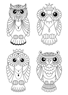 Set of Magic stylized zentangle owl, doodle illustration for coloring. Decorative wild bird. Black outline on white background