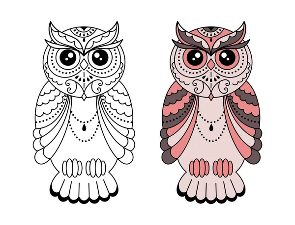 Magic stylized zentangle owl, doodle illustration for coloring. Decorative wild bird. Black outline on white background — Stock Vector