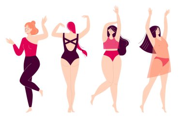 Dans eden mutlu genç kadınlar. Disko, spor aktivitesi, fitness, hareket. Kendine ve vücuduna sevgilerimi ilet. Beyaz arkaplanda izole edilmiş düz biçimli resim