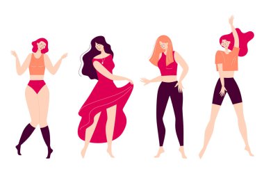 Dans eden mutlu genç kadınlar. Disko, spor aktivitesi, fitness, hareket. Kendine ve vücuduna sevgilerimi ilet. Beyaz arkaplanda izole edilmiş düz biçimli resim