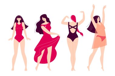 Dans eden mutlu genç kadınlar. Disko, spor aktivitesi, fitness, hareket. Kendine ve vücuduna sevgilerimi ilet. Beyaz arkaplanda izole edilmiş düz biçimli resim