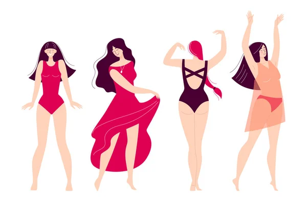 Conjunto de bailarinas jóvenes felices. Discoteca, actividad deportiva, fitness, movimiento. Ama a ti mismo y a tu cuerpo. Ilustración en estilo plano aislado sobre fondo blanco — Vector de stock