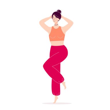 Dancing happy young woman. Disco, sports activity, fitness, movement. Love to yourself and your body. Illustration in flat style isolated on white background
