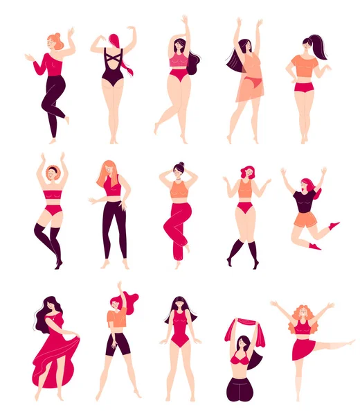 Танцующие Счастливые Молодые Женщины Диско Спорт Фитнес Движение Любите Себя — стоковый вектор