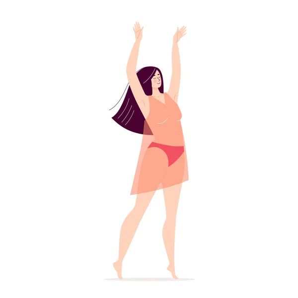 Bailando joven feliz. Discoteca, actividad deportiva, fitness, movimiento. Ama a ti mismo y a tu cuerpo. Ilustración en estilo plano aislado sobre fondo blanco — Vector de stock