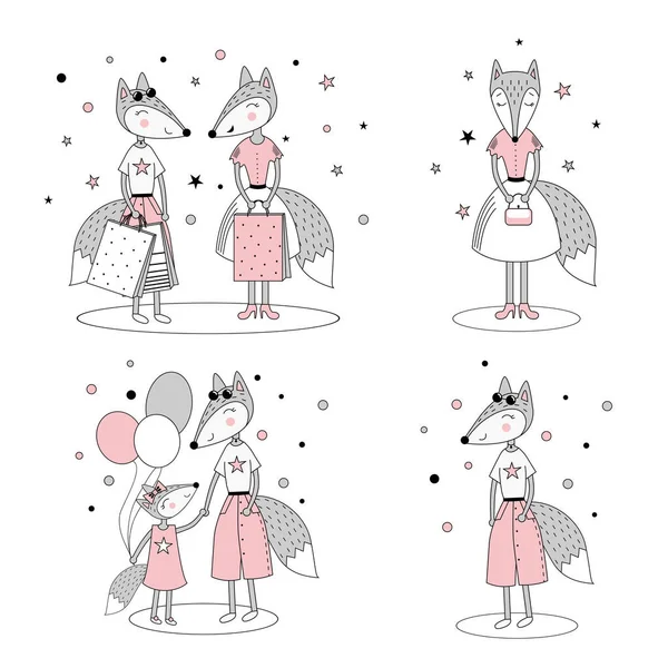 一套可爱的时髦狐狸 狐狸女孩购物 妈妈和女儿 婴儿房海报 衣服印模 白色背景上的涂鸦式矢量插图 — 图库矢量图片