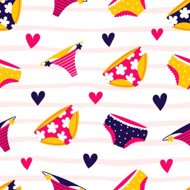 Modern tarzda, kusursuz kadın pantolonu. Kadın iç çamaşırları modaya uygun. Beyaz çizgili arka planda soyut renkli koleksiyon. Kumaş kumaş kumaşı yazdır.