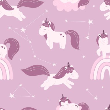 Seamless pattern with cute fairy unicorns, clouds, stars. Decor for a nursery, packaging, wallpaper, print for clothes. Vector illustration in flat style, child character