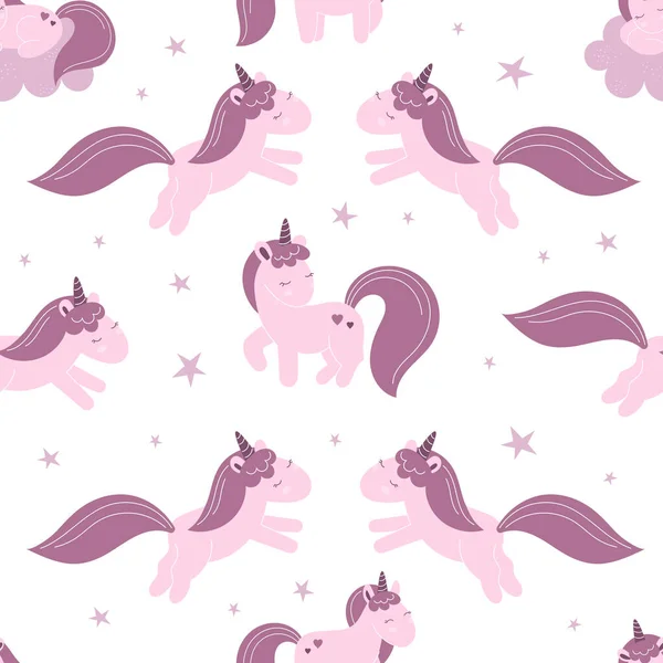 Seamless Pattern Cute Fairy Unicorns Clouds Stars Decor Nursery Packaging — Διανυσματικό Αρχείο