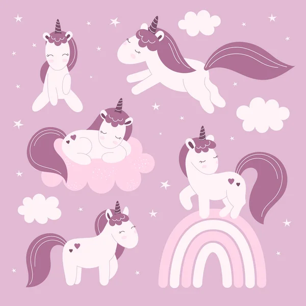 Set Cute Fairy Unicorns Clouds Stars Decor Nursery Posters Packaging — Stock Vector
