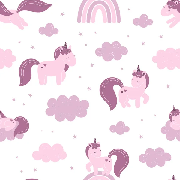Seamless Pattern Cute Fairy Unicorns Clouds Stars Decor Nursery Packaging Grafiche Vettoriali