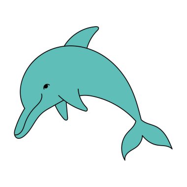 Cute blue dolphin in doodle style. Marine animal. Simple illustration isolated on white background. Summer icon
