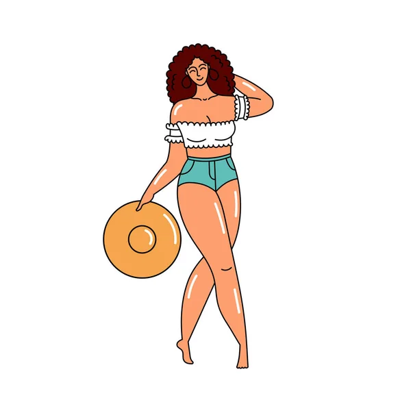 Chica Pantalones Cortos Vacaciones Verano Playa Mujer Mar Positividad Corporal — Vector de stock