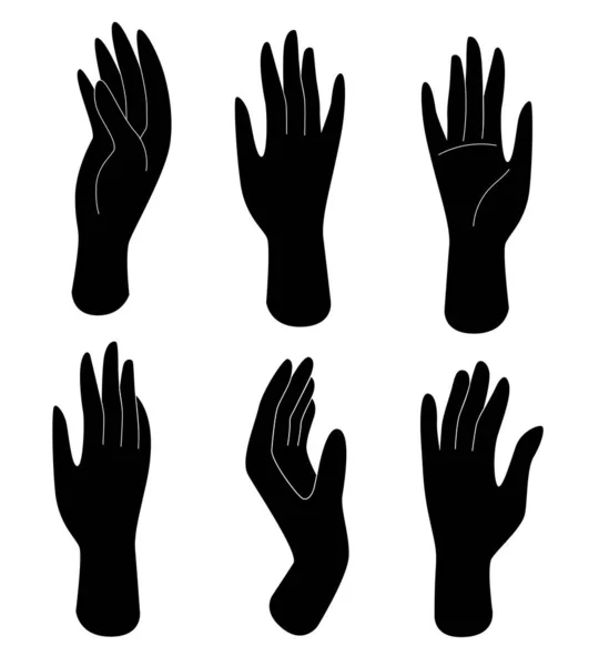 Conjunto de mãos femininas silhuetas pretas com gestos diferentes. Partes do corpo humano, cuidados com o corpo, beleza feminina. Ilustração vetorial em estilo plano isolado sobre fundo branco —  Vetores de Stock