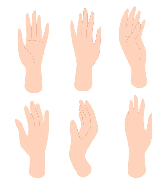 Set di mani femminili in gesti diversi. Mani umane, palme. Illustrazione vettoriale in stile piatto isolato su sfondo bianco. Illustrazioni Stock Royalty Free