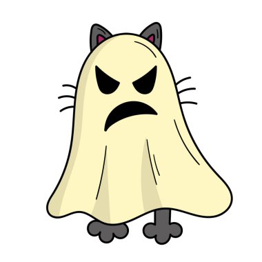 Korkunç hayalet kostümü giymiş gri kedi. Cadılar Bayramı kostümü. Doodle biçim illüstrasyonu