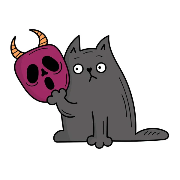 Szary Kot Trzyma Straszną Maskę Kostium Halloween Ilustracja Stylu Doodle — Wektor stockowy