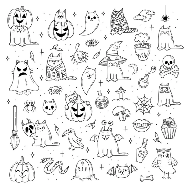 Cadılar Bayramı için bir takım elementler. Gizemli korkunç nesneler. Kediler, balkabakları, hayaletler, iksir. Doodle biçim illüstrasyonu
