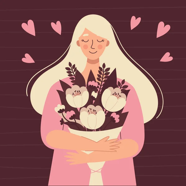 Krásná blondýnka s kyticí květin. Mezinárodní den žen, narozeninové přání, Den matek. Ilustrace v plochém stylu — Stockový vektor