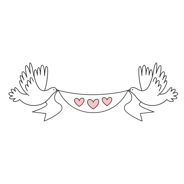 Dwa weselne białe gołębie trzymają wstążkę z sercami. Dekoracje ślubne. Ilustracja wektora — Wektor stockowy