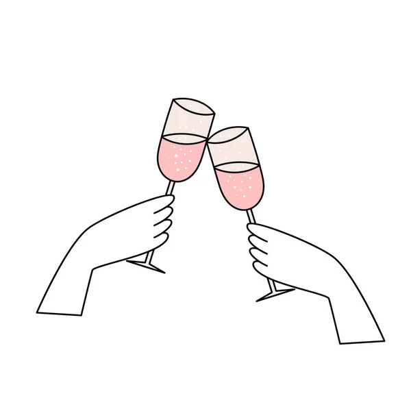 Две Руки Держат Бокалы Шампанского Игристое Вино Простая Икона Свадьбы Стоковая Иллюстрация