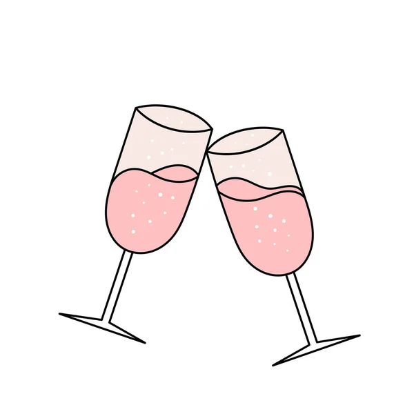 Twee glazen champagne, mousserende wijn. eenvoudige bruiloft icoon. Vector illustratie in doodle stijl — Stockvector