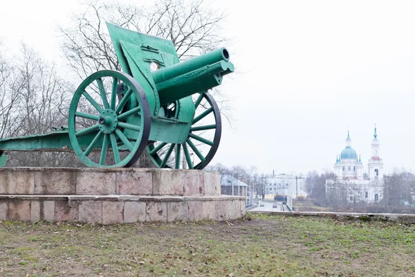 Old cannon on pedestal in Kingisepp city