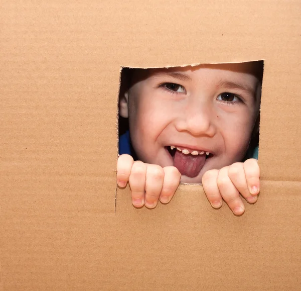 L'enfant regarde hors de la boîte Photo De Stock