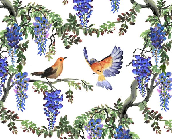 Blue wisteria tree and birds — Stock Photo, Image