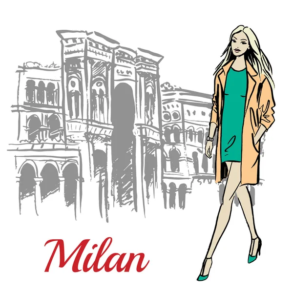 Mujer caminando cerca de Milan — Vector de stock
