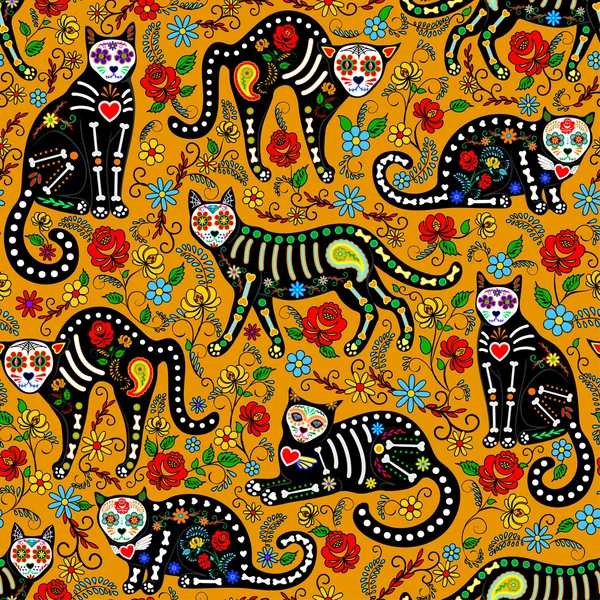 Calavera gatos sem costura —  Vetores de Stock