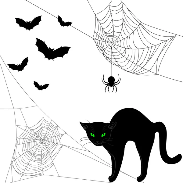 Webs, zwarte kat en vleermuizen — Stockvector