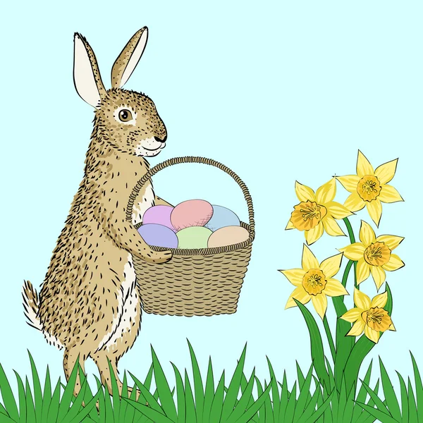 兔子和篮子里的鸡蛋 — 图库矢量图片