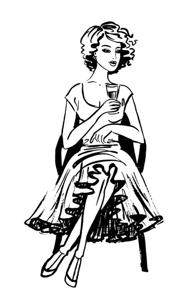 Femme assise et buvant du vin — Image vectorielle