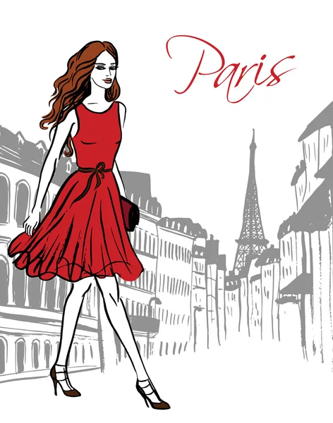 Mujer caminando en París — Vector de stock