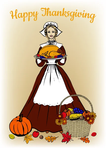 Femme en costume traditionnel plateau avec dinde — Image vectorielle