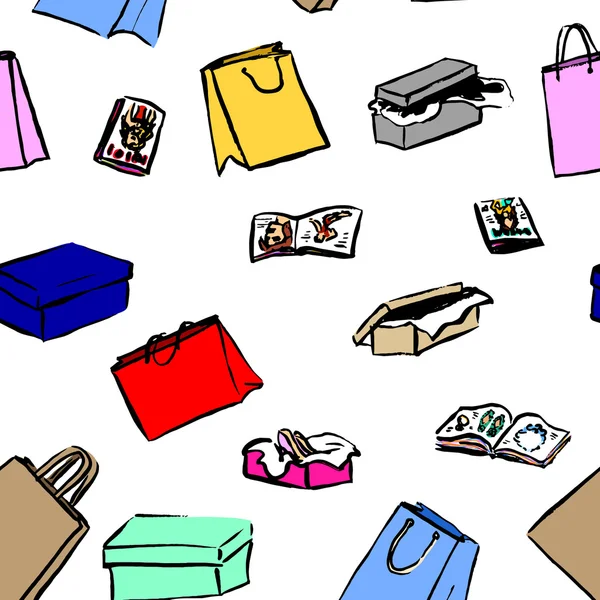 Nahtloser Hintergrund mit Geschenkboxen und Einkaufstasche — Stockvektor