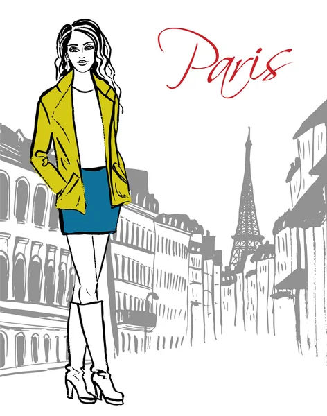 Mujer de pie en París — Vector de stock