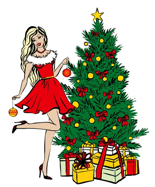 Nő Díszítő karácsonyfa — Stock Vector