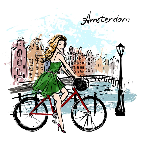 Mulher dirigindo bicicleta — Vetor de Stock