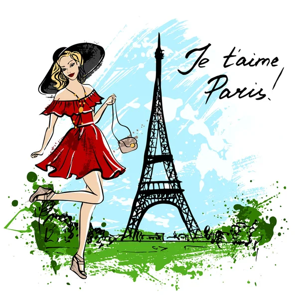 Mujer caminando en París — Vector de stock