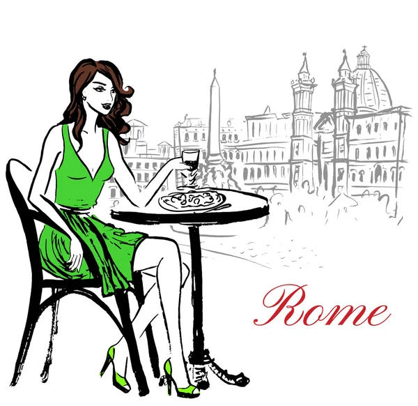 Женщина сидит в кафе — стоковый вектор